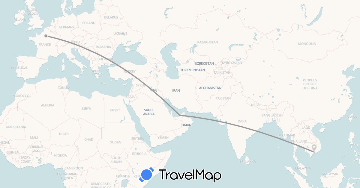 TravelMap itinerary: plane in United Arab Emirates, France, Vietnam (Asia, Europe)